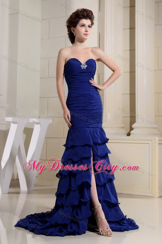 Elegant Style Ruffles Layers Sweetheart Ruched Blue Prom Dress