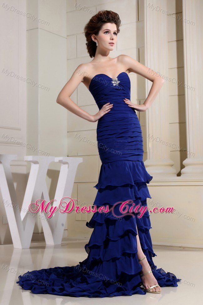 Elegant Style Ruffles Layers Sweetheart Ruched Blue Prom Dress