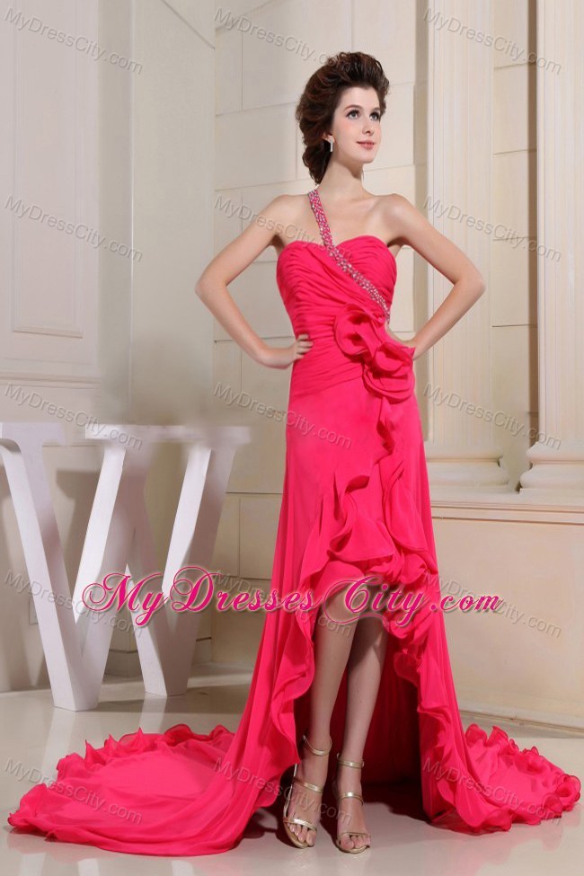 High-low Hand Flowers Beaded Prom Dress with Single Shoulder