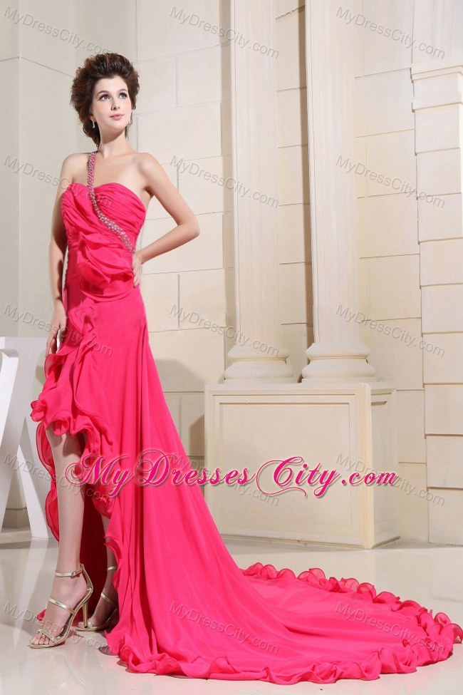 High-low Hand Flowers Beaded Prom Dress with Single Shoulder