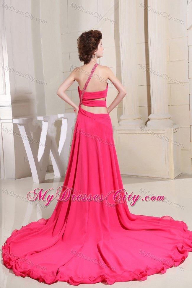 High-low Hand Flowers Beaded Prom Dress with Single Shoulder