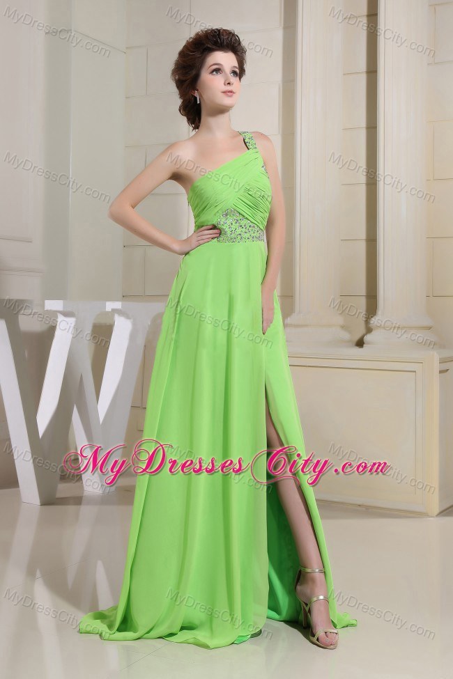 Chiffon High Slit One Shoulder Beading Ruched Spring Green Prom Dress