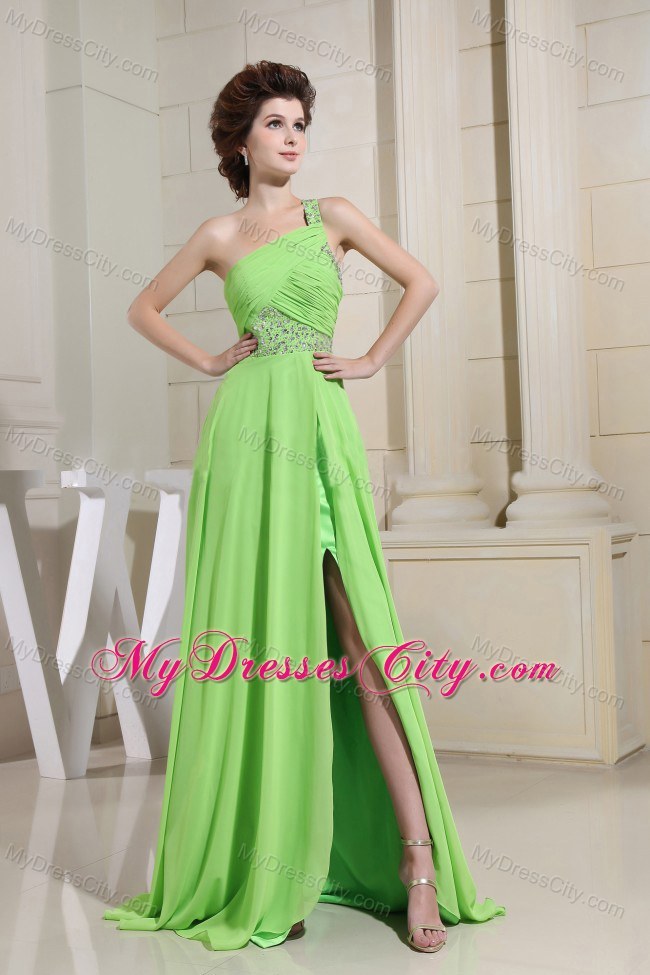 Chiffon High Slit One Shoulder Beading Ruched Spring Green Prom Dress