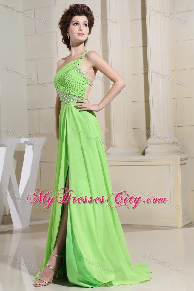 Chiffon High Slit One Shoulder Beading Ruched Spring Green Prom Dress