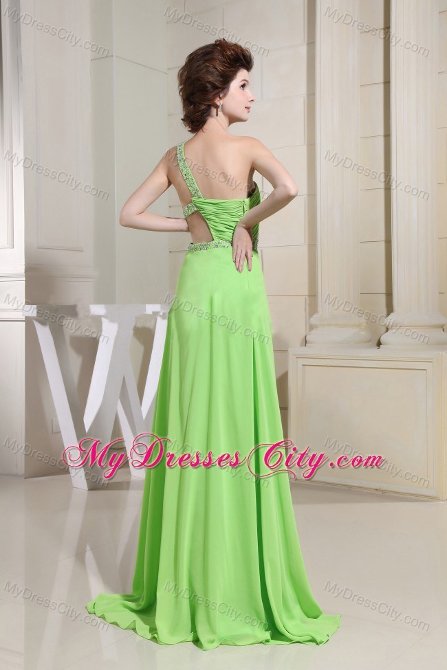 Chiffon High Slit One Shoulder Beading Ruched Spring Green Prom Dress