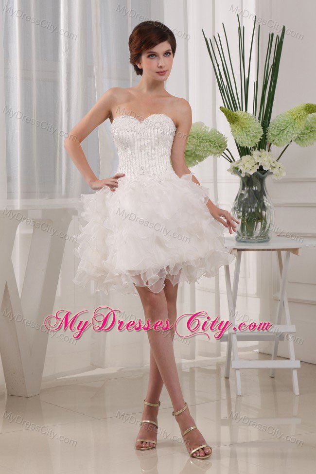 Beaded Ruffles Sweetheart Ball Gown Mini-length White Prom Dress