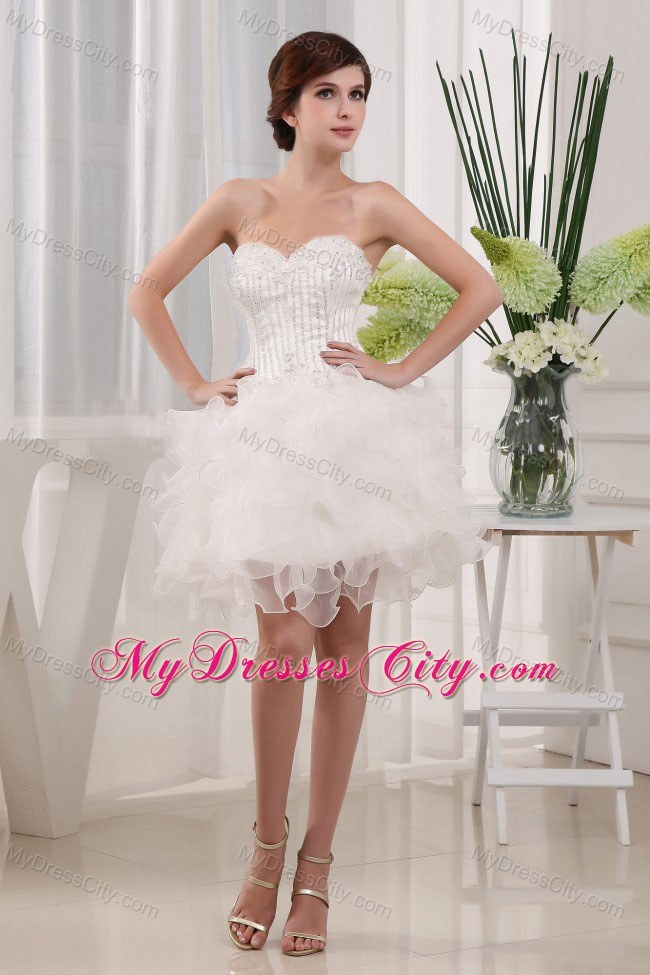 Beaded Ruffles Sweetheart Ball Gown Mini-length White Prom Dress