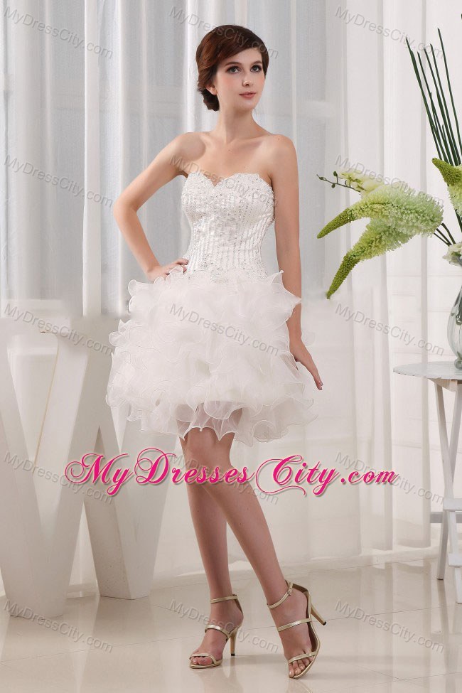 Beaded Ruffles Sweetheart Ball Gown Mini-length White Prom Dress