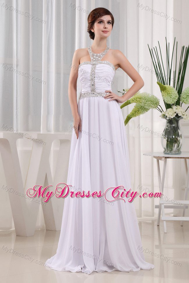 Beading and Ruches Empire White 2013 Prom Gown With Jeweled Neckline