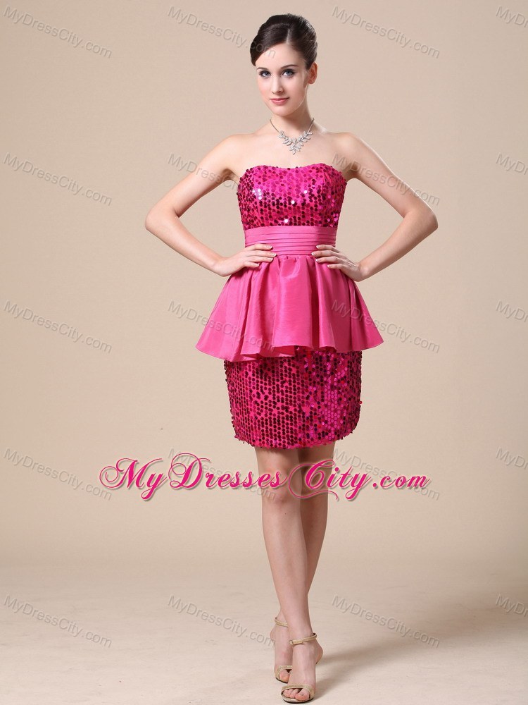 Paillette Over Skirt Column Strapless Peplums Hot Pink Prom Dress