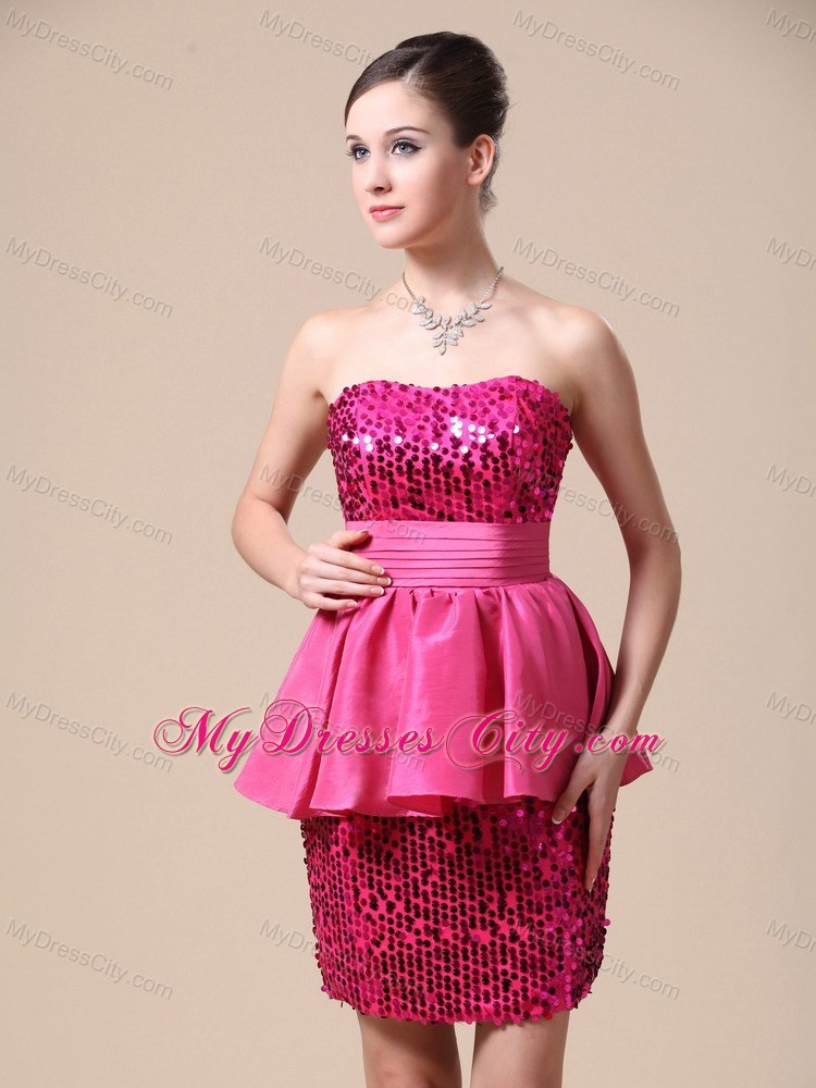 Paillette Over Skirt Column Strapless Peplums Hot Pink Prom Dress