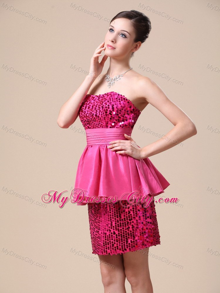 Paillette Over Skirt Column Strapless Peplums Hot Pink Prom Dress