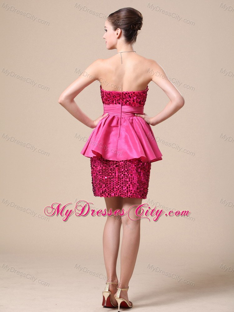 Paillette Over Skirt Column Strapless Peplums Hot Pink Prom Dress