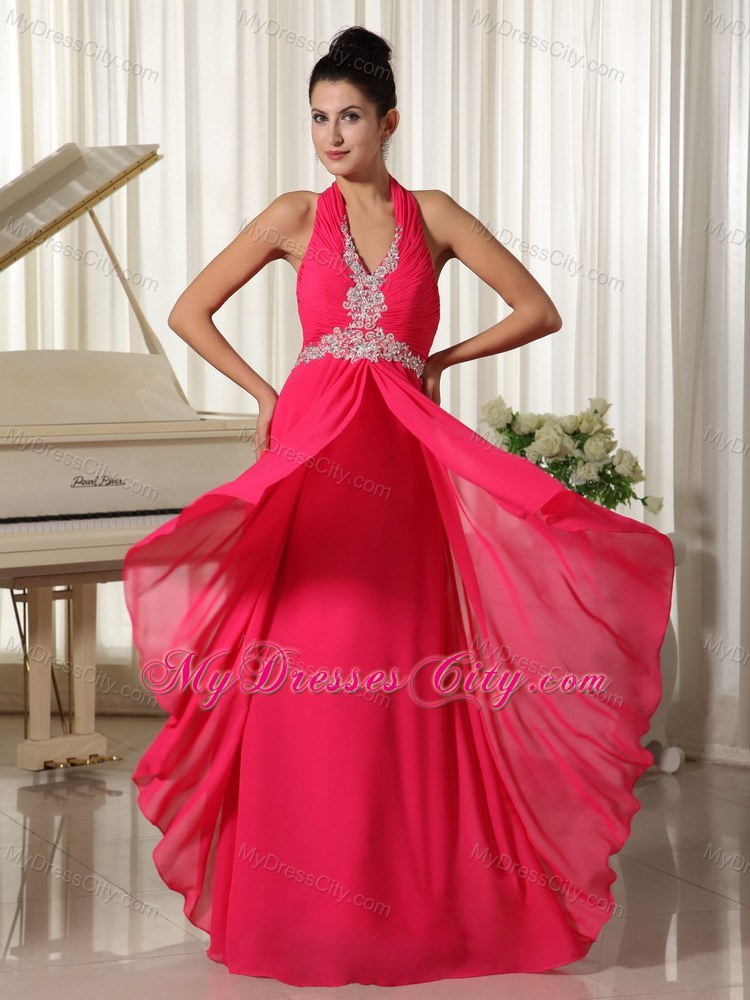 Empire Chiffon Halter Appliques Zipper-up Coral Red Prom Dress