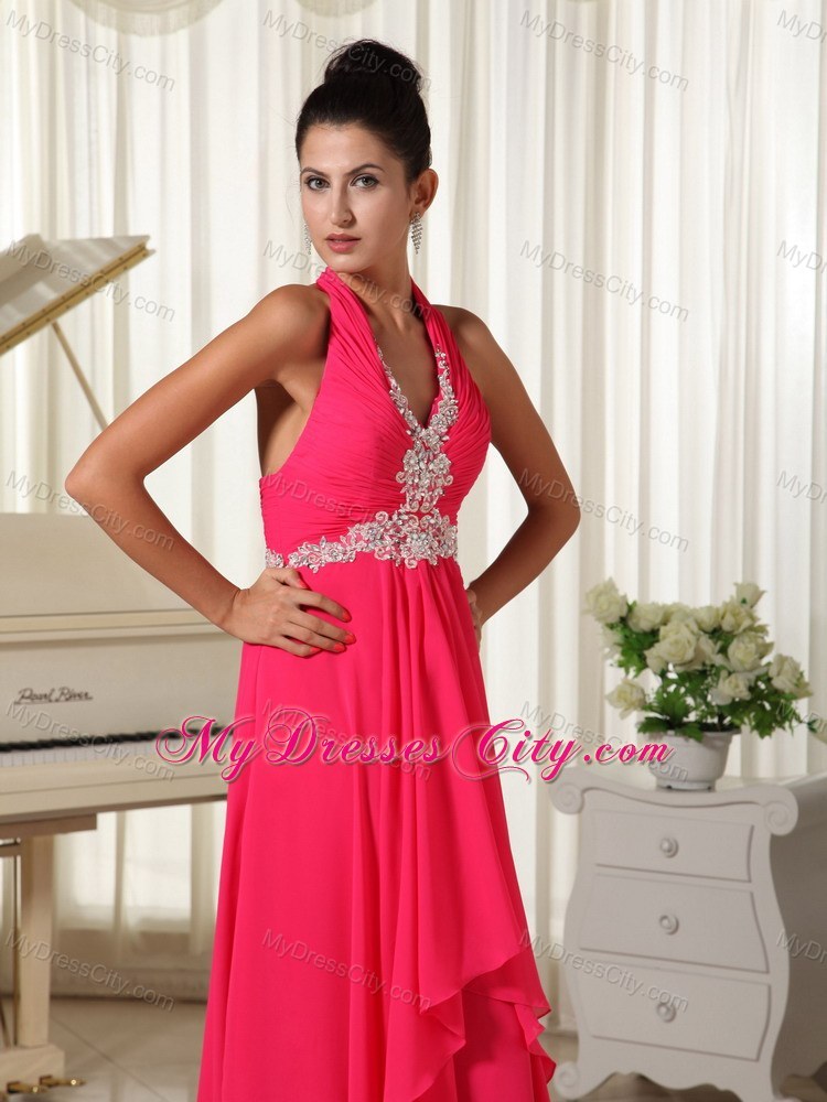 Empire Chiffon Halter Appliques Zipper-up Coral Red Prom Dress