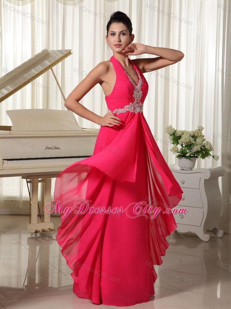 Empire Chiffon Halter Appliques Zipper-up Coral Red Prom Dress