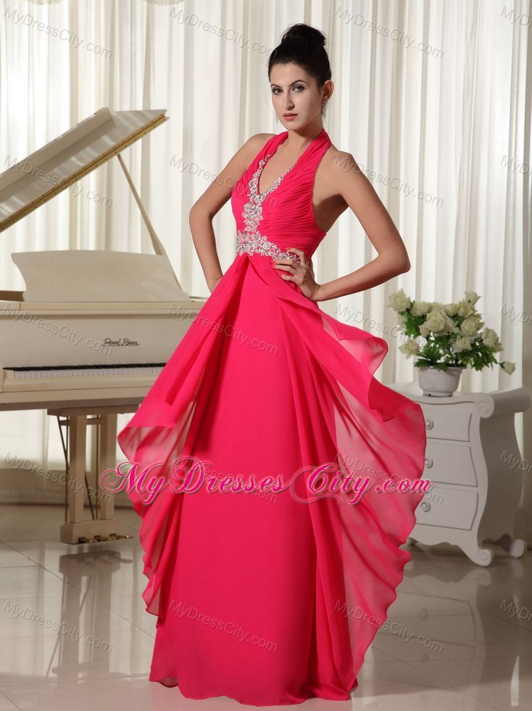 Empire Chiffon Halter Appliques Zipper-up Coral Red Prom Dress