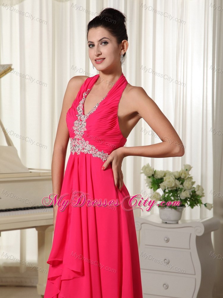 Empire Chiffon Halter Appliques Zipper-up Coral Red Prom Dress