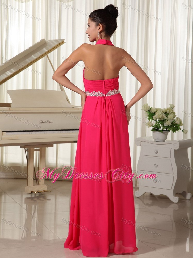 Empire Chiffon Halter Appliques Zipper-up Coral Red Prom Dress