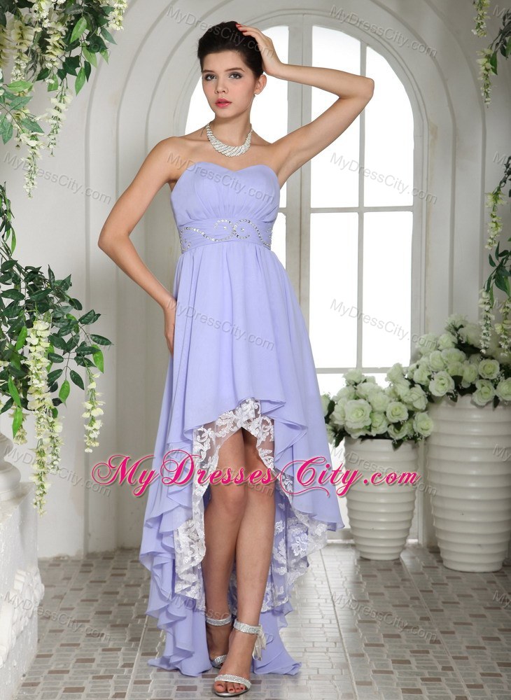 Lilac High-low Beaded Decorate Waist Chiffon and Lace Prom Dress