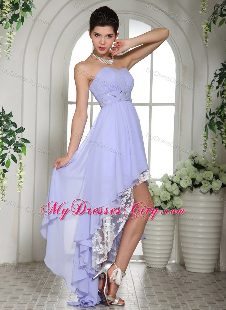 Lilac High-low Beaded Decorate Waist Chiffon and Lace Prom Dress