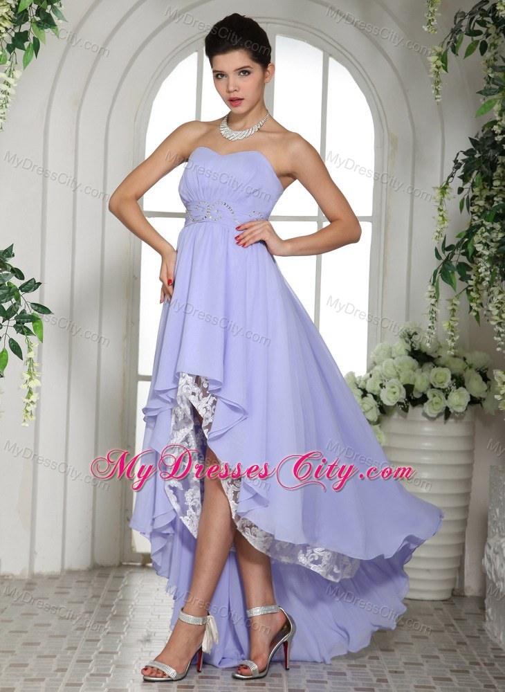 Lilac High-low Beaded Decorate Waist Chiffon and Lace Prom Dress