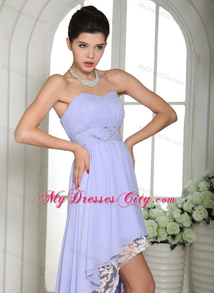 Lilac High-low Beaded Decorate Waist Chiffon and Lace Prom Dress