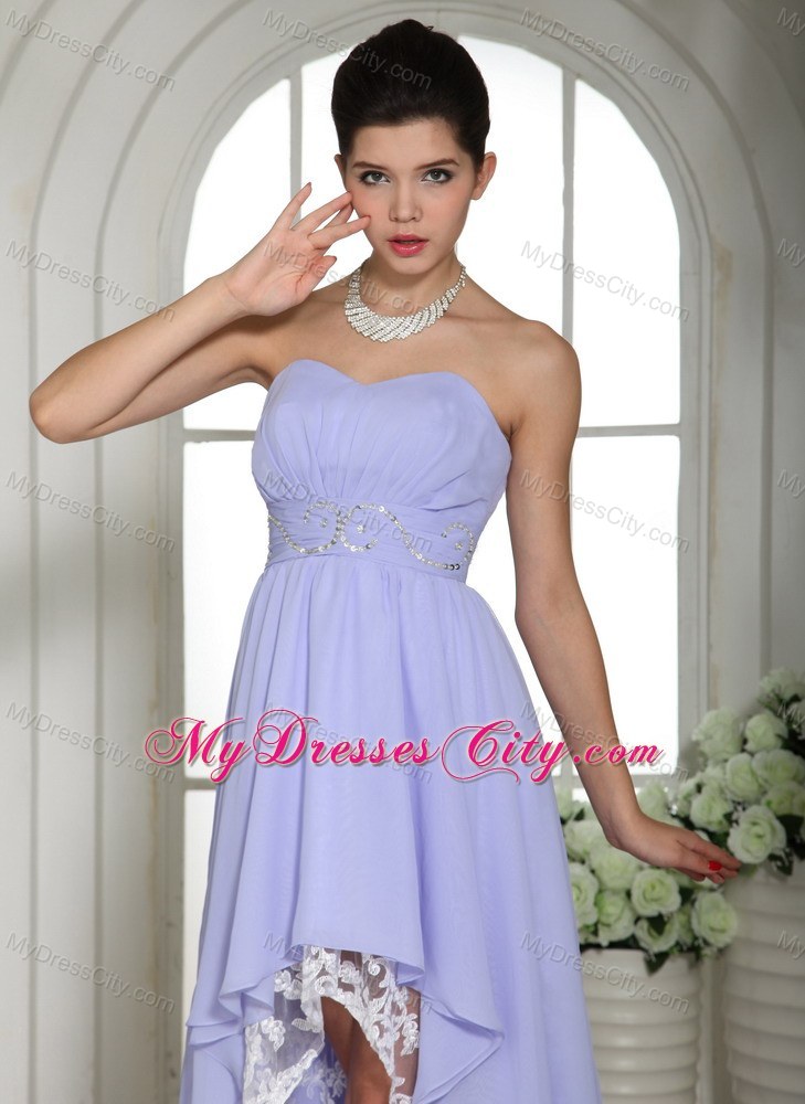 Lilac High-low Beaded Decorate Waist Chiffon and Lace Prom Dress