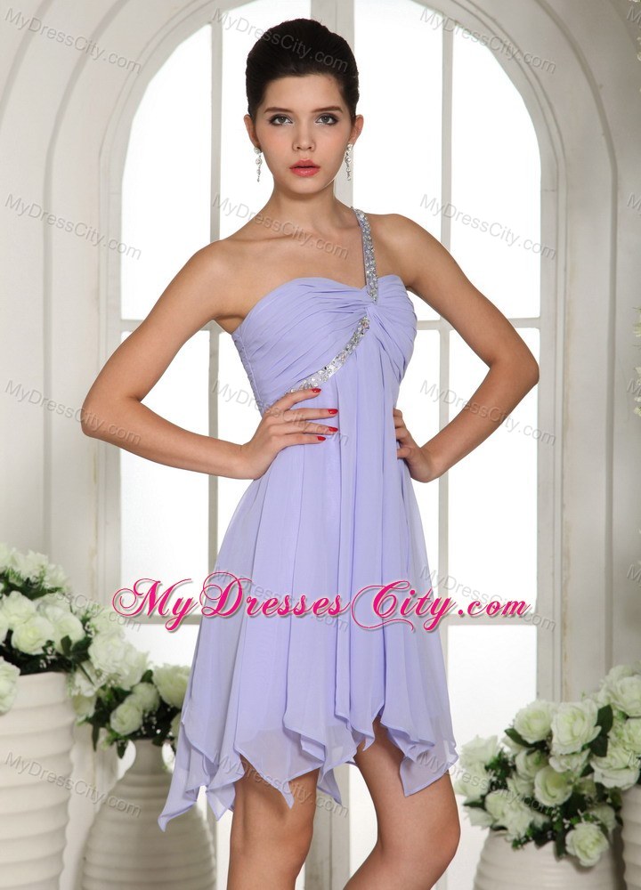 Beaded One Shoulder Mini-length Chiffon 2013 Lilac Prom Dress