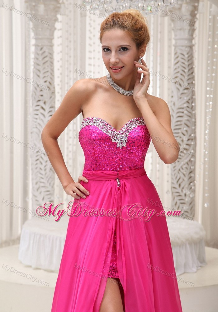 High-Low Beading and Sequins Sweetheart Hot Pink Prom Dress