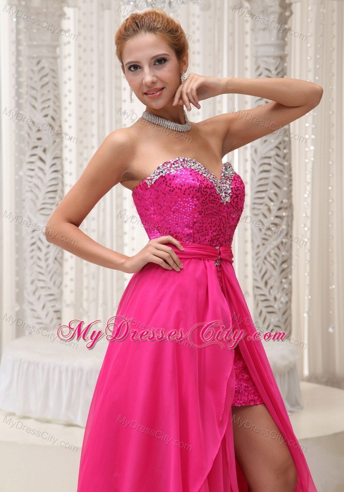 High-Low Beading and Sequins Sweetheart Hot Pink Prom Dress