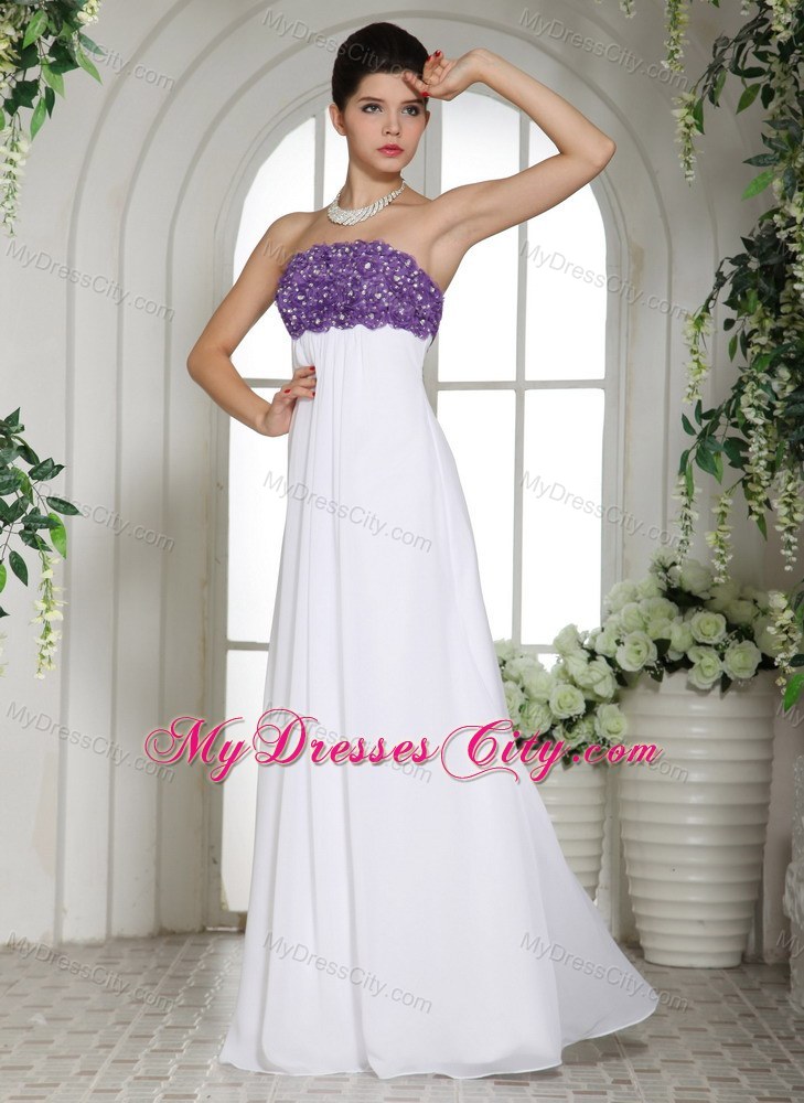 Chiffon Strapless Beading Flower Decorate 2013 White Prom Dress