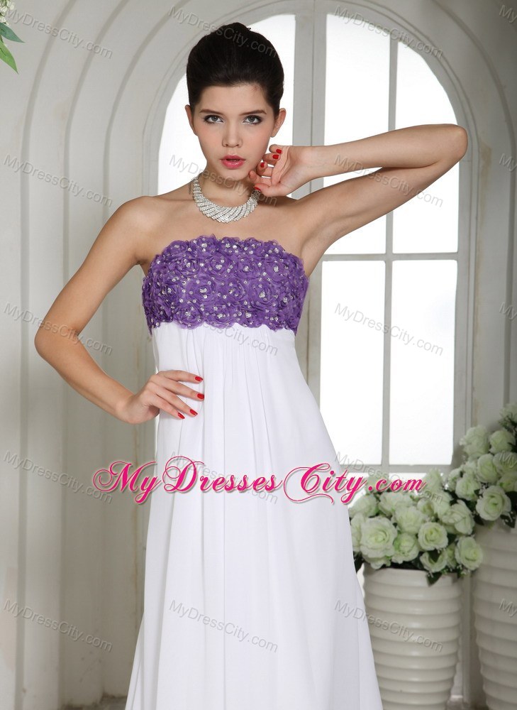 Chiffon Strapless Beading Flower Decorate 2013 White Prom Dress