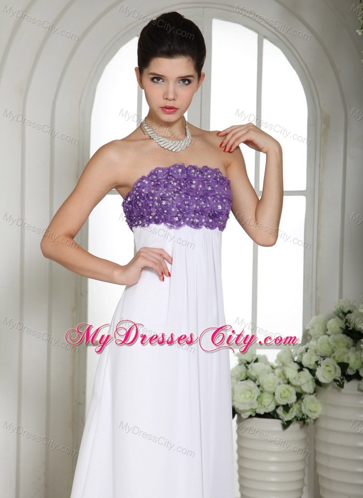 Chiffon Strapless Beading Flower Decorate 2013 White Prom Dress