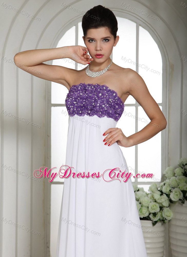 Chiffon Strapless Beading Flower Decorate 2013 White Prom Dress