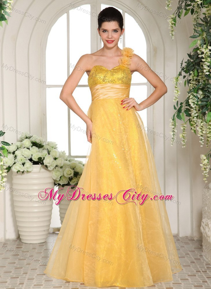 One Shoulder Hand Flowers Strap Sequined Light Yellow Prom Dress