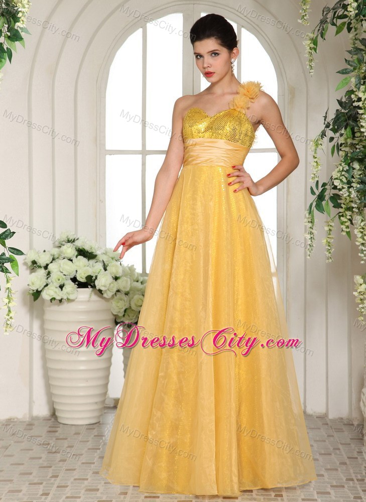 One Shoulder Hand Flowers Strap Sequined Light Yellow Prom Dress