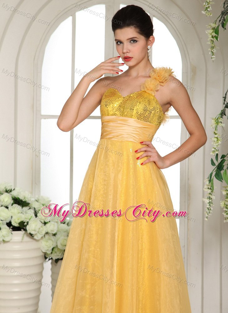 One Shoulder Hand Flowers Strap Sequined Light Yellow Prom Dress