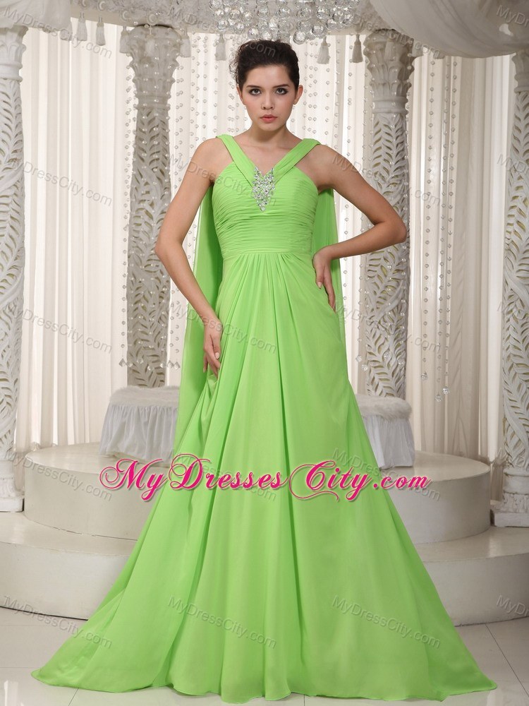 V-neck Watteau Train Chiffon Beading Spring Green Prom Gown