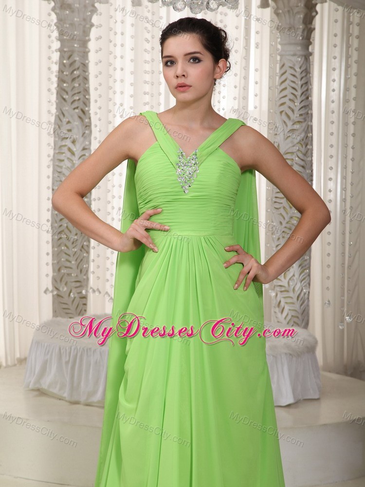 V-neck Watteau Train Chiffon Beading Spring Green Prom Gown