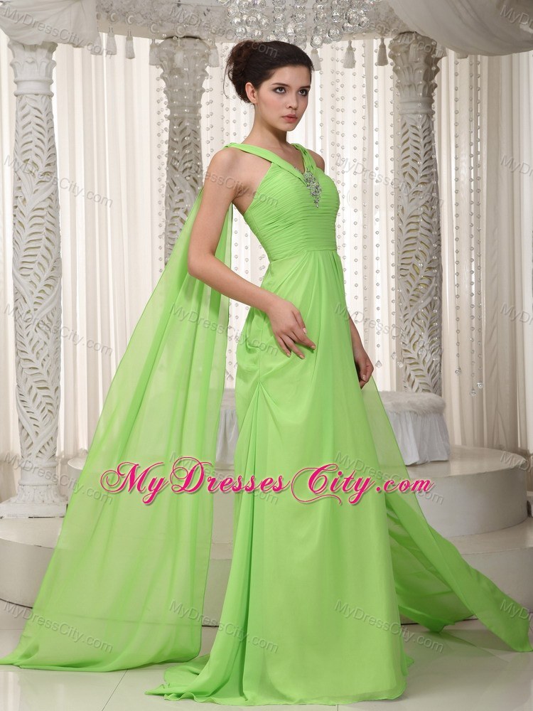 V-neck Watteau Train Chiffon Beading Spring Green Prom Gown