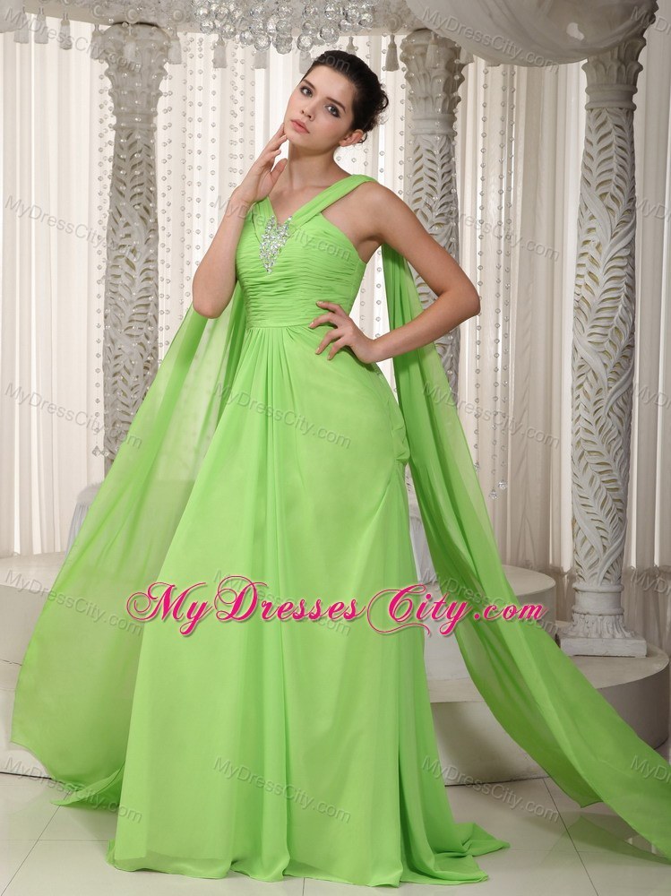 V-neck Watteau Train Chiffon Beading Spring Green Prom Gown