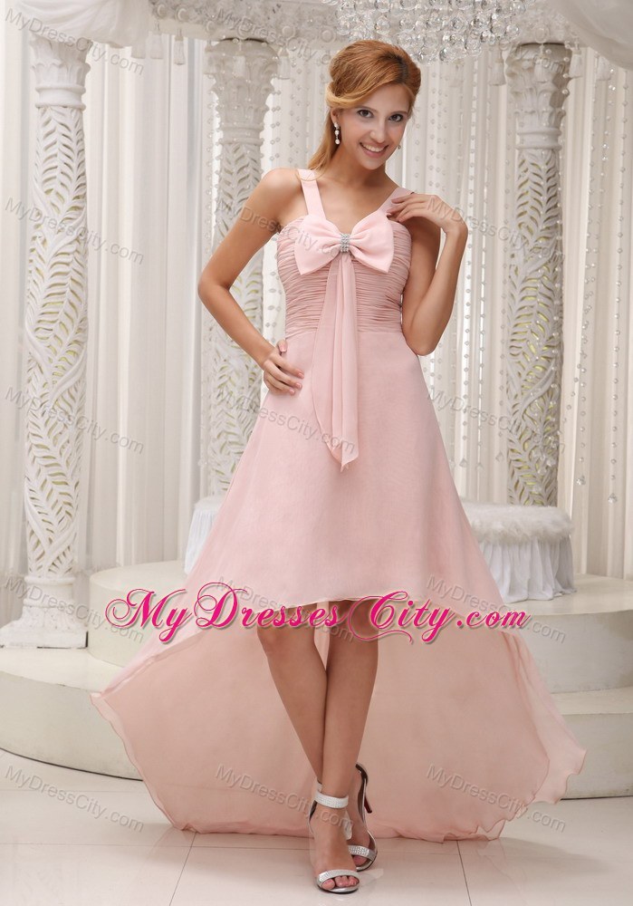 Ruched High-low Bowknot Chiffon Pink Prom Dress with Train