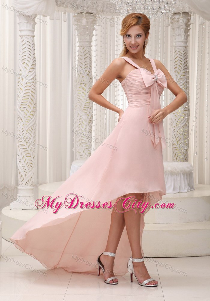 Ruched High-low Bowknot Chiffon Pink Prom Dress with Train