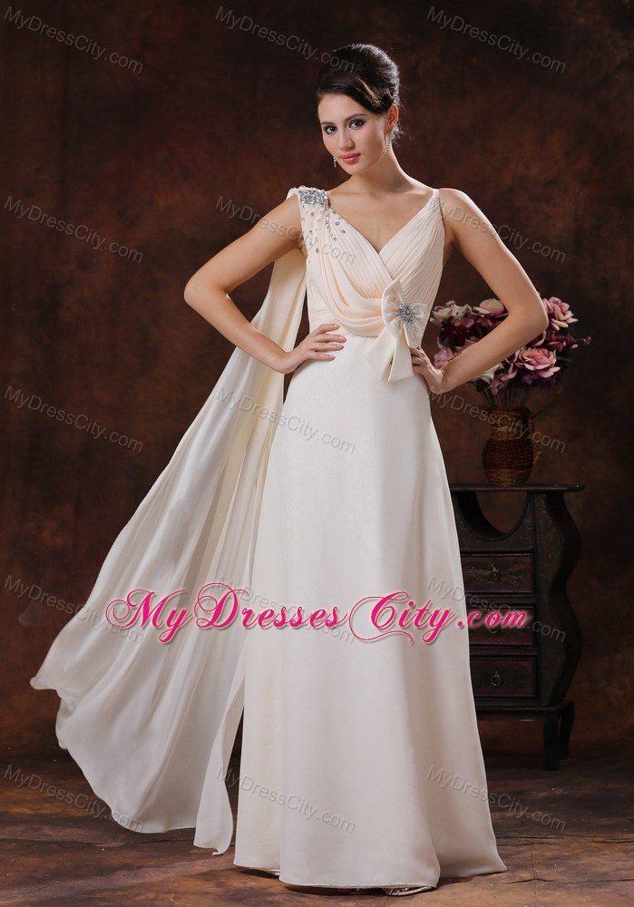 V-neck Chiffon Watteau Train Prom Dress With Beaded Bow