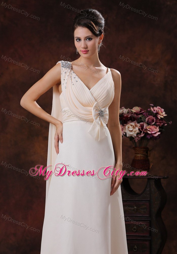 V-neck Chiffon Watteau Train Prom Dress With Beaded Bow