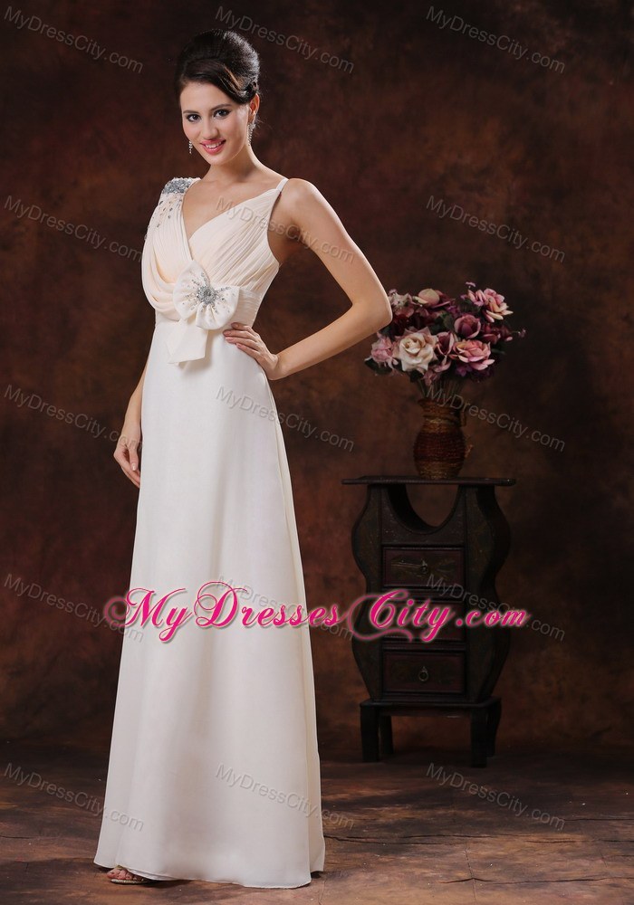 V-neck Chiffon Watteau Train Prom Dress With Beaded Bow