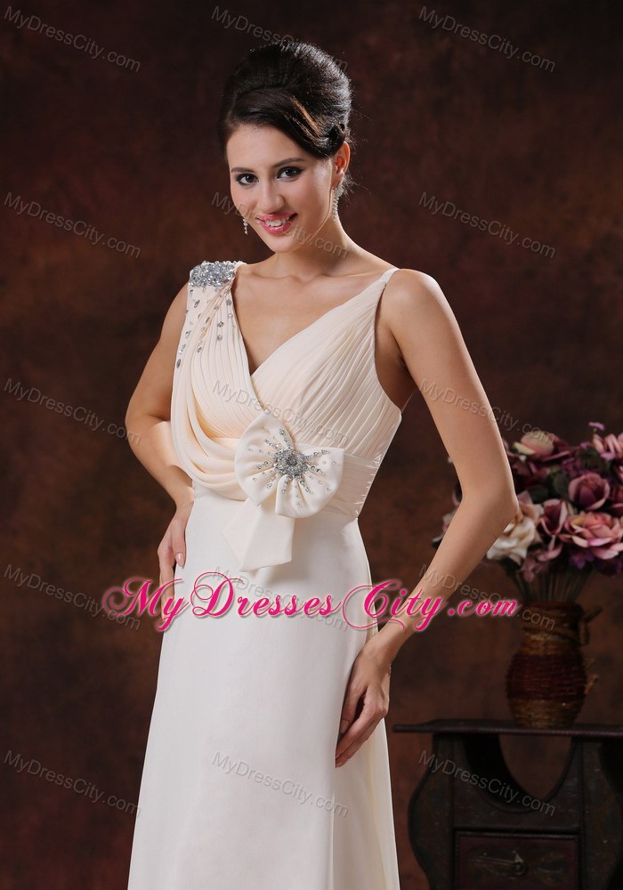 V-neck Chiffon Watteau Train Prom Dress With Beaded Bow