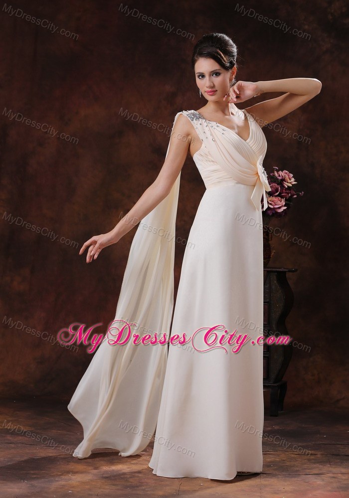 V-neck Chiffon Watteau Train Prom Dress With Beaded Bow