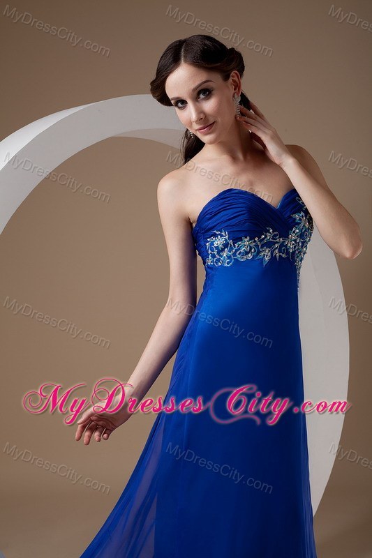 Blue Empire Sweetheart Appliques Evening Dress with Train